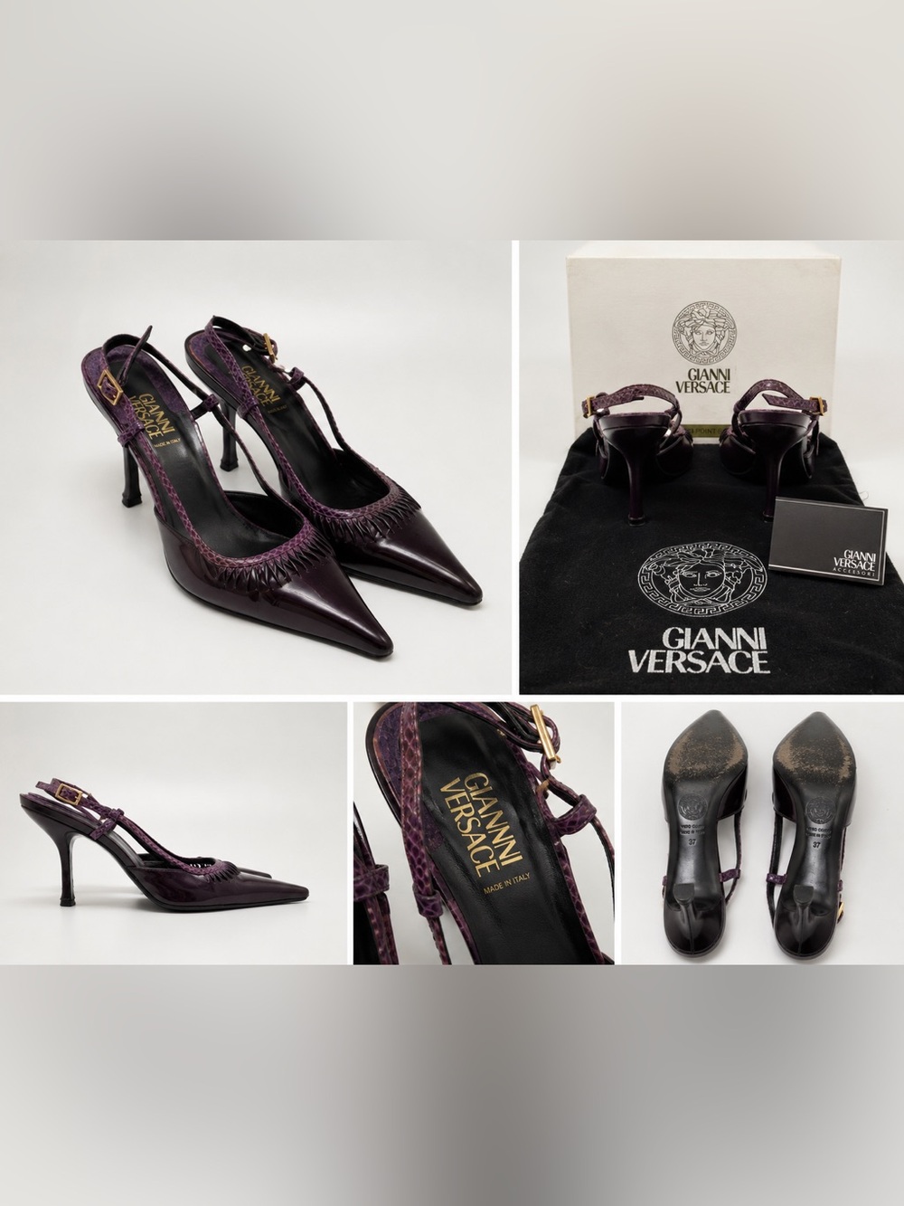 Versace Purple Patent Leather with Python Trim Heels Elegant Pointed Toe